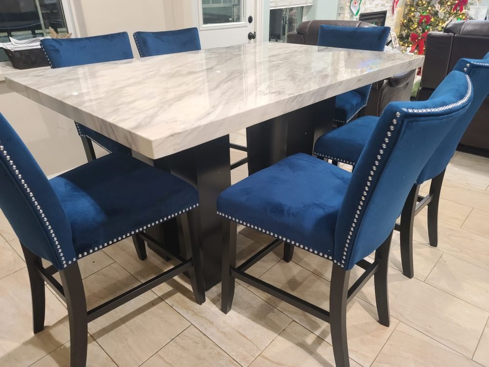 2220 Blue - (FAUX MARBLE) Counter Height Table + 6 Chair Set