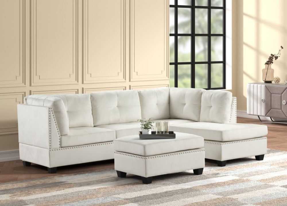Sienna - Beige Velvet Sectional + Ottoman Set **NEW ARRIVAL*