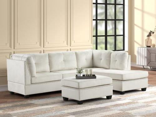 Sienna - Beige Velvet Sectional + Ottoman Set **NEW ARRIVAL*
