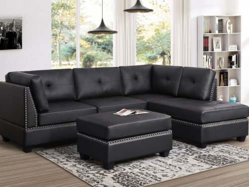 Sienna Sectional + Ottoman Set (Black Leather)