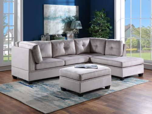 Sienna - Silver Velvet Sectional + Ottoman Set (Silver Velvet)