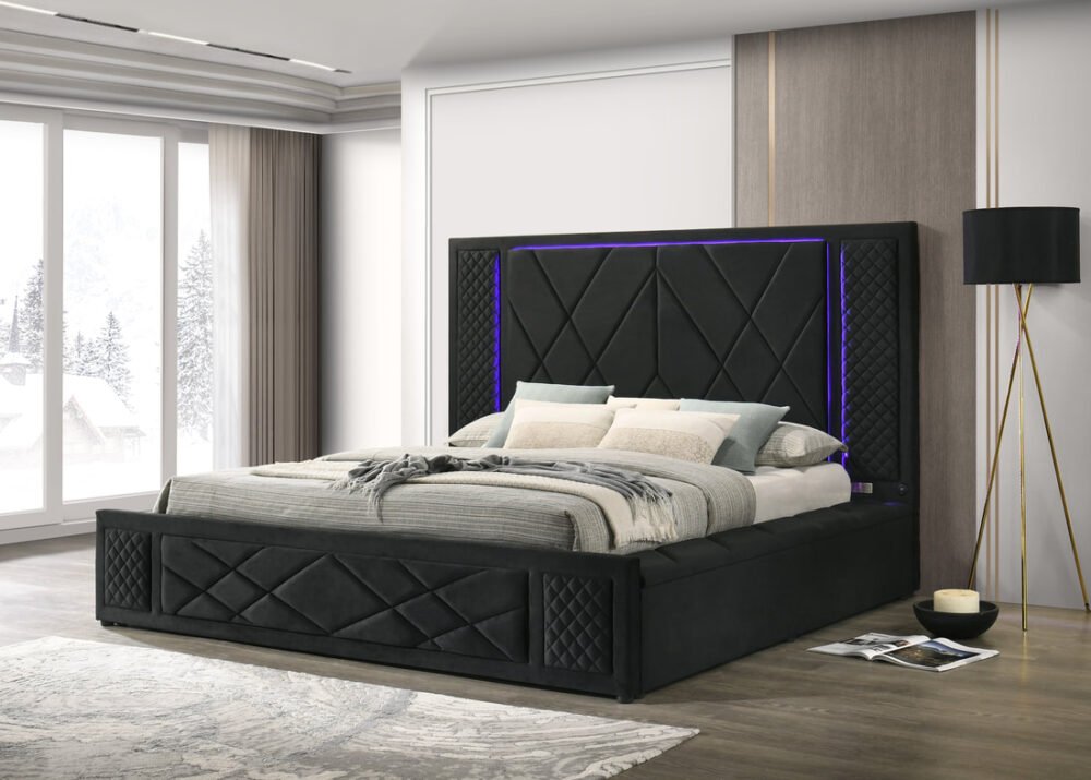 Lorenzo Black Platform Bed (w/ LED LIGHTS) - Queen, King