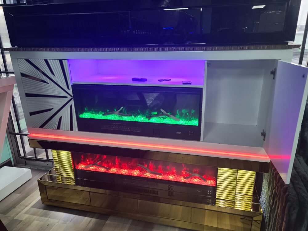T300 TV STAND W/FIREPLACE (WHITE) WITH 7 COLOR BLUETOOTH