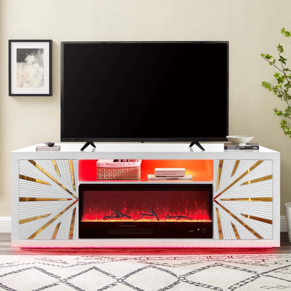 T300 TV STAND W/FIREPLACE (WHITE) WITH 7 COLOR BLUETOOTH