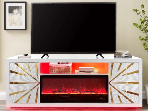 T300 TV STAND W/FIREPLACE (WHITE) WITH 7 COLOR BLUETOOTH