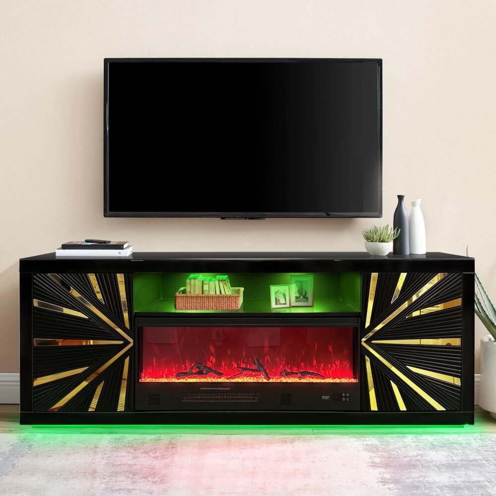T300 TV STAND W/FIREPLACE (BLACK) WITH 7 COLOR BLUETOOTH